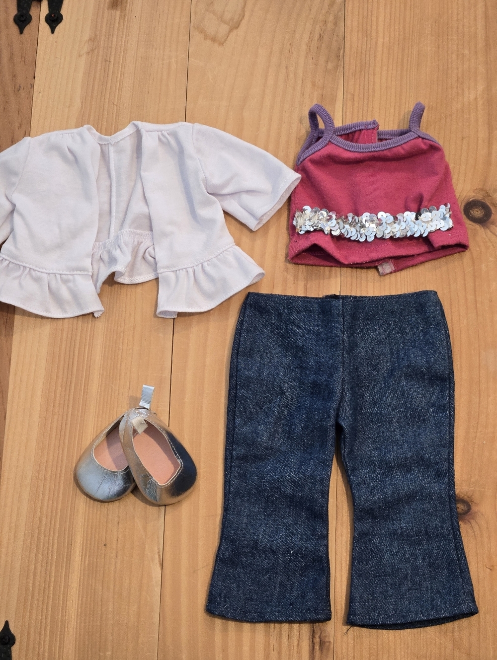 18" Doll Outfit Set - Pink Top, White Jacket, Denim Pants & Silver Shoes